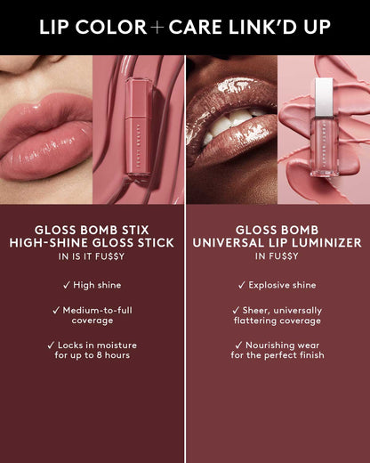 Infographic showing the different finishes of Gloss Bomb Stix High-Shine Gloss Stick and Gloss Bomb Universal Lip Luminizer.
