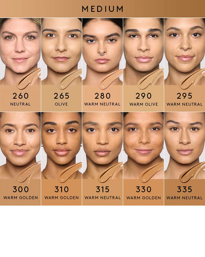 medium shade infographic showing 8 different shades of foundation on medium skin tones