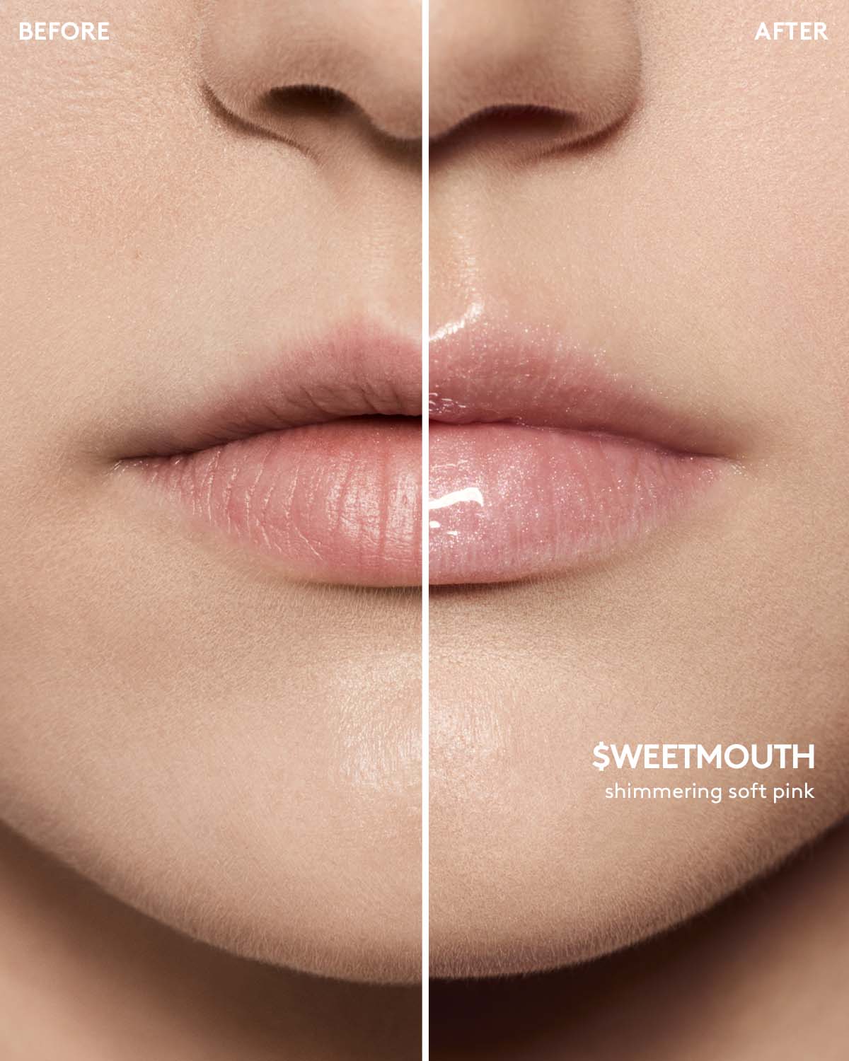 before and after of light skin toned model wearing gloss bomb universal lip luminizer in shade $weetmouth
