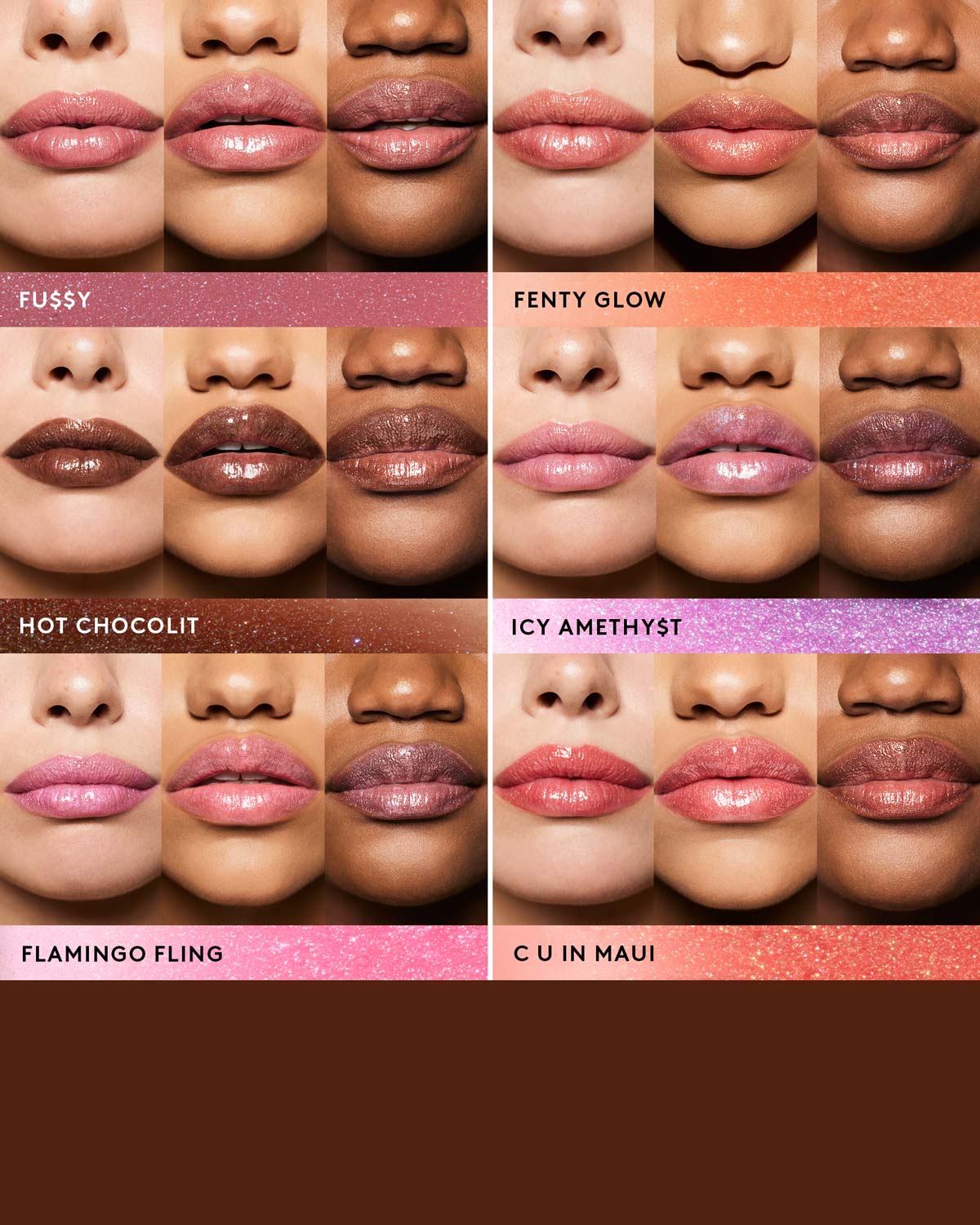 Shade grid of full Gloss Bomb Stix collection on 3 skin tones each.