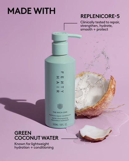 Fenty Hair Conditioner is made with Green Coconut Water, known for lightweight hydration + conditioning; and Replenicore-5, clinically tested to repair, strengthen, hydrate, smooth + protect.